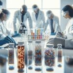 Primer plano de un laboratorio moderno con científicos analizando muestras biotecnológicas y frascos con compuestos psicodélicos en una mesa blanca, fondo desenfocado.