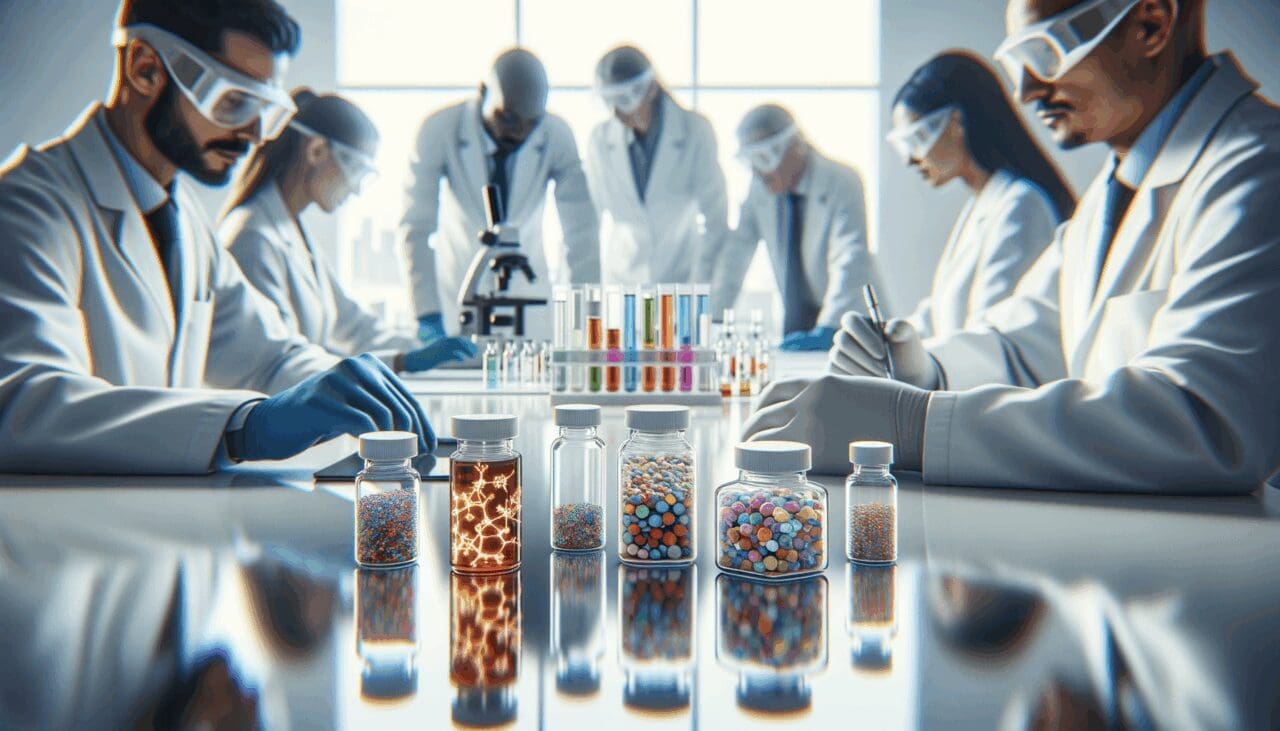 Primer plano de un laboratorio moderno con científicos analizando muestras biotecnológicas y frascos con compuestos psicodélicos en una mesa blanca, fondo desenfocado.