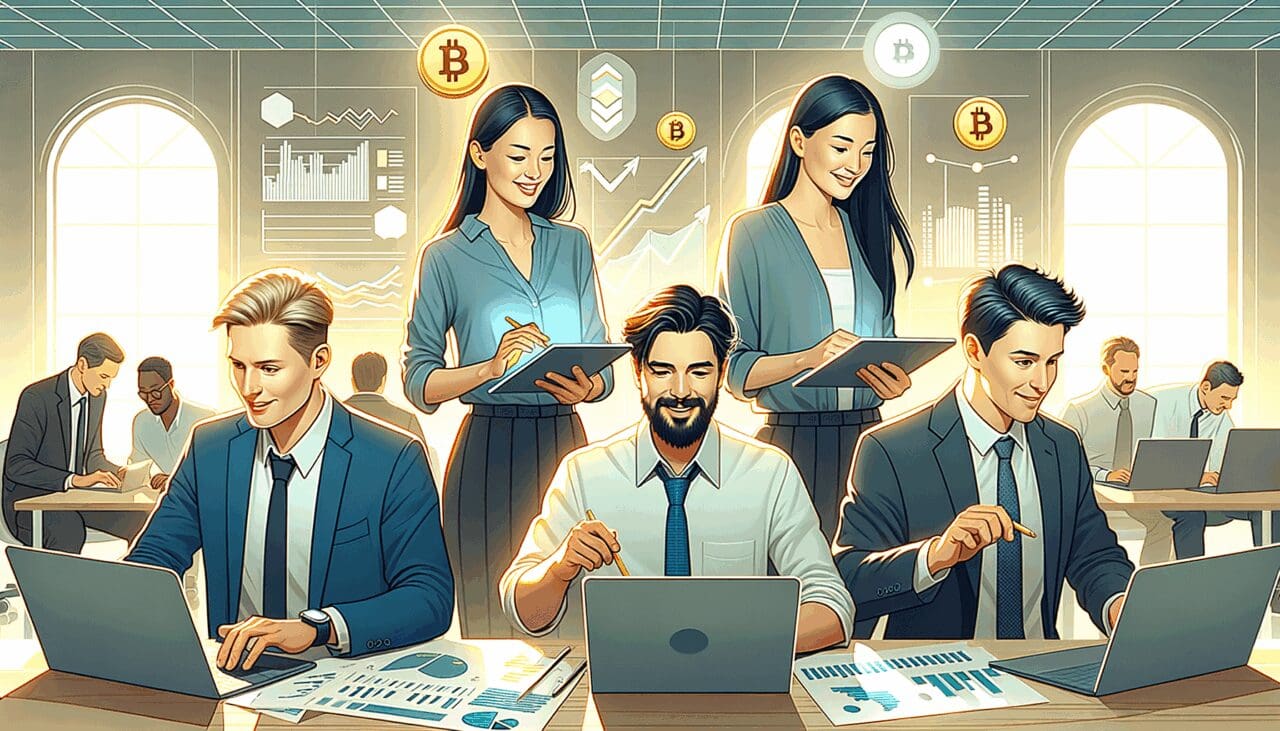 Ilustración de un grupo diverso de emprendedores trabajando con gráficos digitales y símbolos de criptomonedas en una oficina moderna.