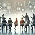 Evento sobre tecnología y emprendimiento con participantes en discusión activa.