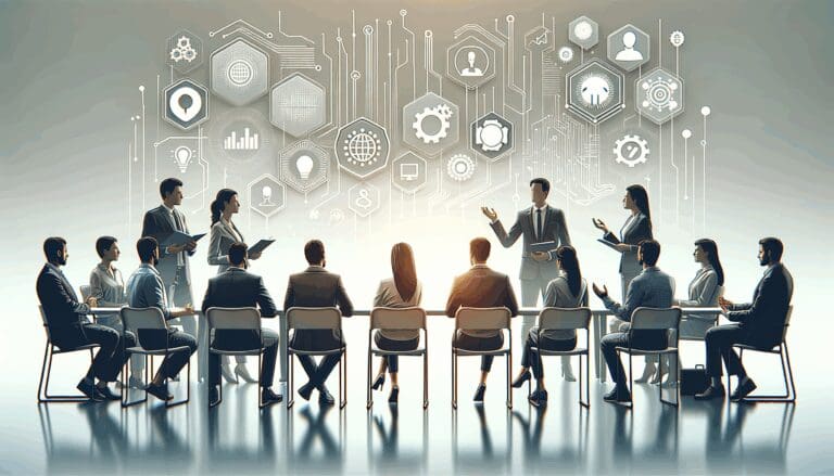 Evento sobre tecnología y emprendimiento con participantes en discusión activa.