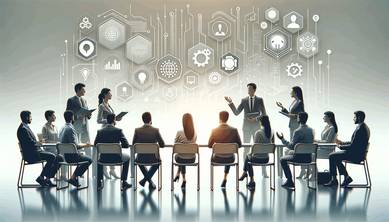 Evento sobre tecnología y emprendimiento con participantes en discusión activa.