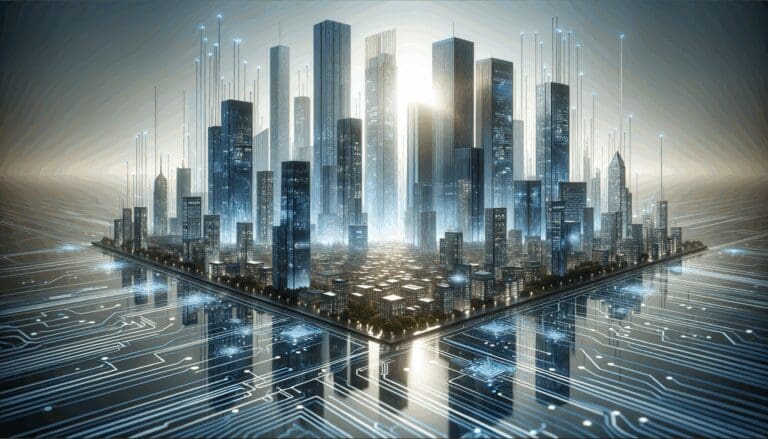 Imagen conceptual de rascacielos modernos reflejando una ciudad tecnológica iluminada por tonos azules y circuitos digitales.