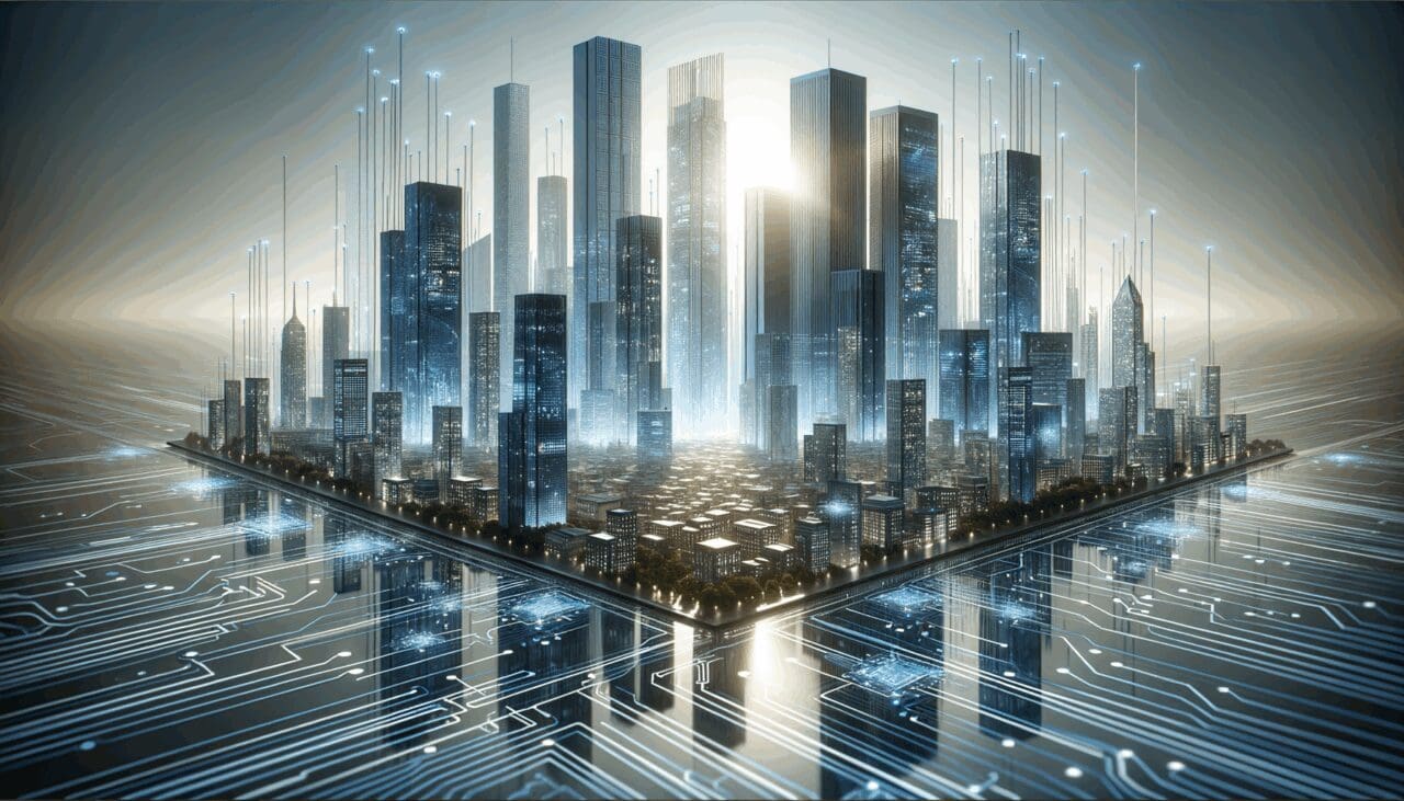 Imagen conceptual de rascacielos modernos reflejando una ciudad tecnológica iluminada por tonos azules y circuitos digitales.