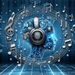 Concepto de inteligencia artificial con elementos musicales, sobre fondo tecnológico azul.