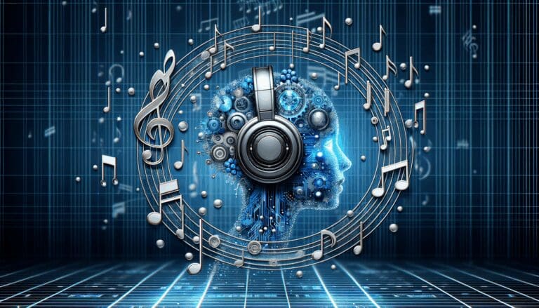 Concepto de inteligencia artificial con elementos musicales, sobre fondo tecnológico azul.