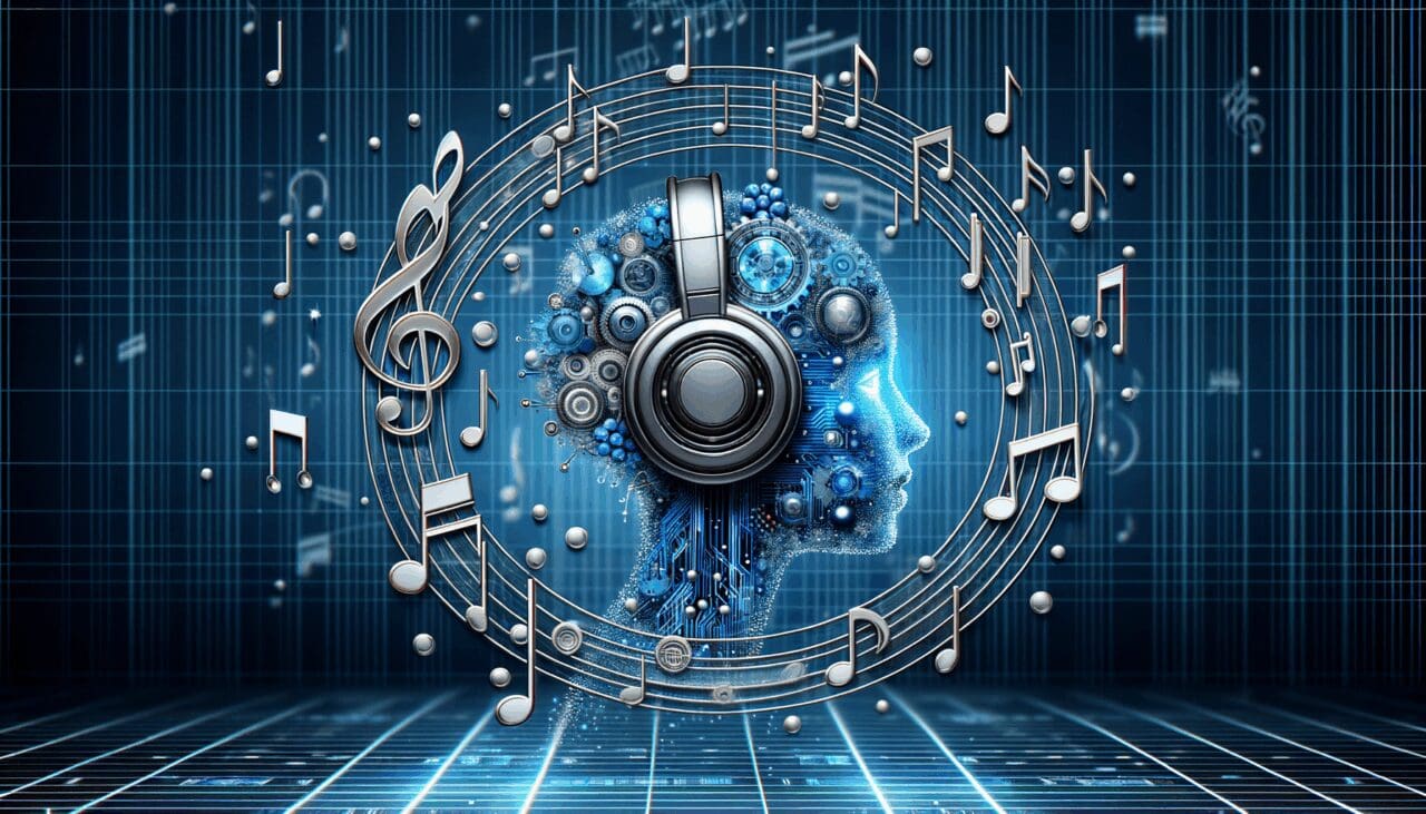 Concepto de inteligencia artificial con elementos musicales, sobre fondo tecnológico azul.