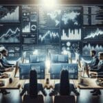 Manos colaborando frente a pantallas con gráficos financieros y código en un entorno de oficina moderna.