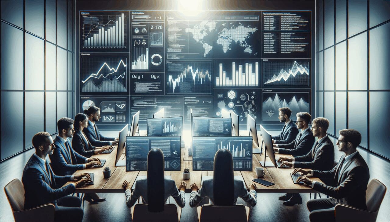 Manos colaborando frente a pantallas con gráficos financieros y código en un entorno de oficina moderna.