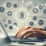 Ilustración minimalista de manos digitando en una laptop con iconos de transferencias digitales y billeteras virtuales de fondo.