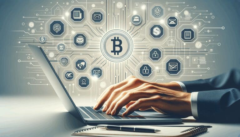 Ilustración minimalista de manos digitando en una laptop con iconos de transferencias digitales y billeteras virtuales de fondo.