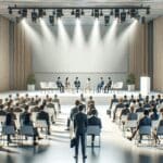 Evento empresarial con startups y ejecutivos reunidos en un auditorio moderno y luminoso.