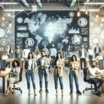 Grupo diverso de emprendedores digitales reunidos en un espacio de coworking tecnológico con pantallas que muestran datos blockchain.