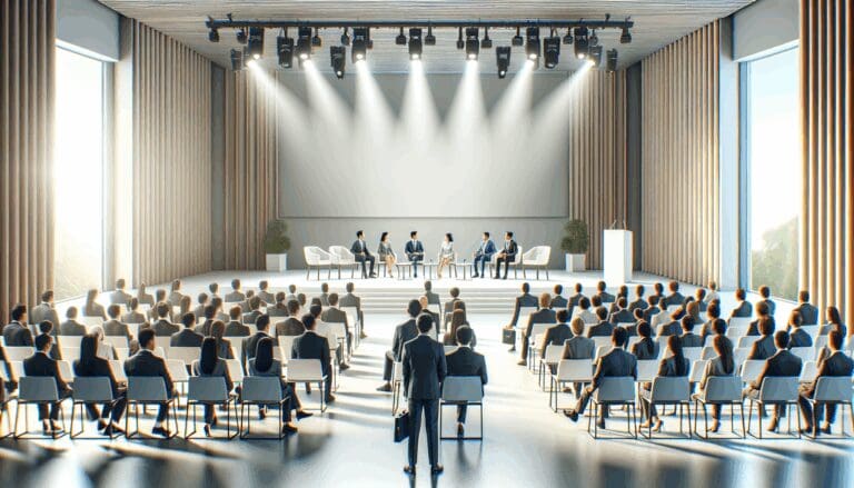 Evento empresarial con startups y ejecutivos reunidos en un auditorio moderno y luminoso.