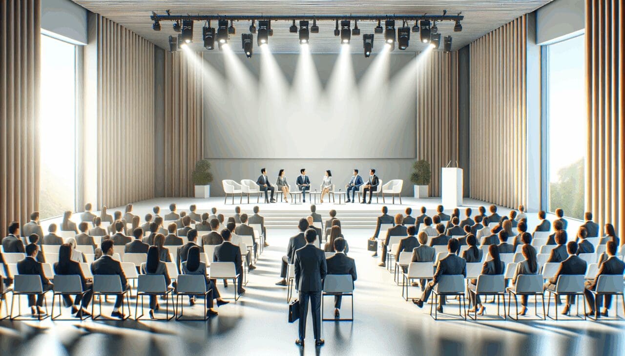 Evento empresarial con startups y ejecutivos reunidos en un auditorio moderno y luminoso.