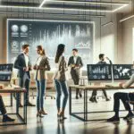 Oficina moderna de tecnología financiera con jóvenes emprendedores colaborando y pantallas electrónicas mostrando gráficos.