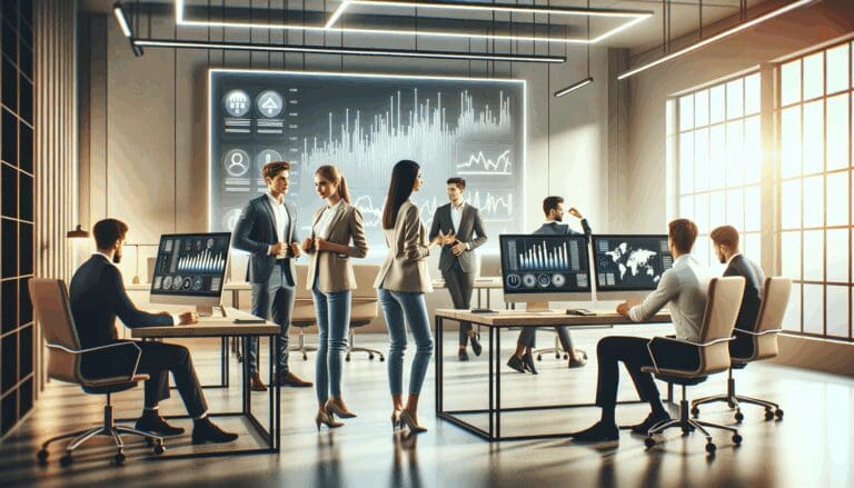 Oficina moderna de tecnología financiera con jóvenes emprendedores colaborando y pantallas electrónicas mostrando gráficos.