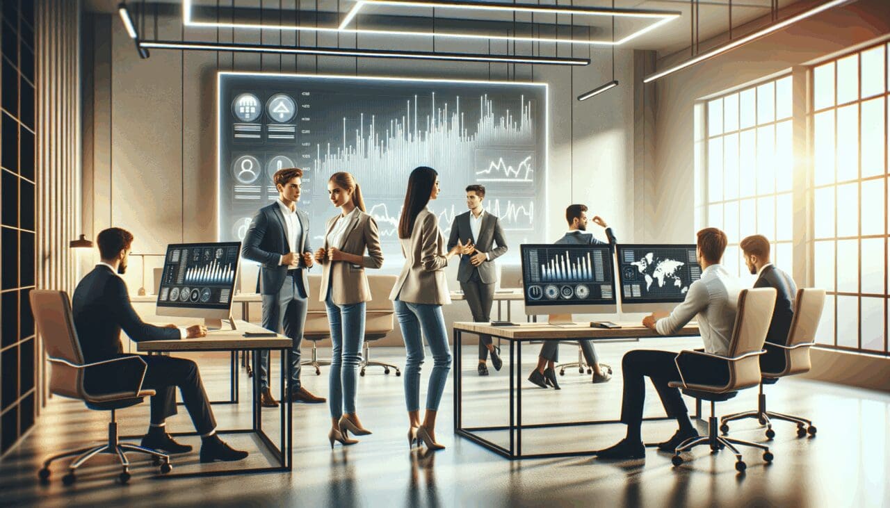 Oficina moderna de tecnología financiera con jóvenes emprendedores colaborando y pantallas electrónicas mostrando gráficos.