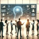 Equipo de profesionales interactuando frente a pantallas digitales con gráficos de inteligencia artificial.