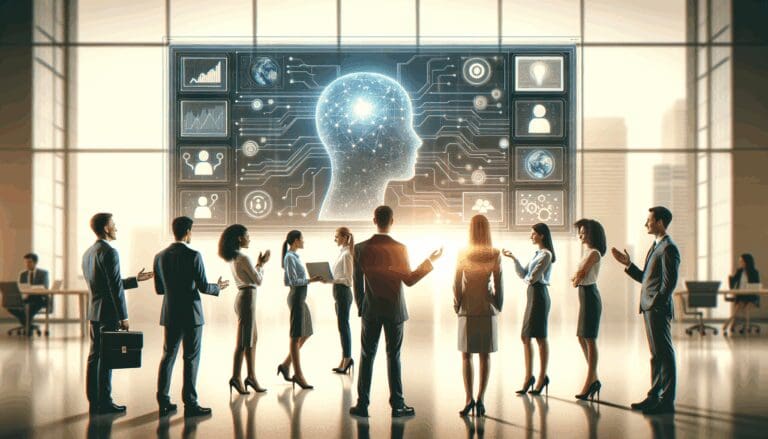 Equipo de profesionales interactuando frente a pantallas digitales con gráficos de inteligencia artificial.