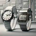 Reloj Casio F-91W clásico junto a una versión modernizada con pantalla y diseño elegante, sobre fondo tecnológico minimalista.