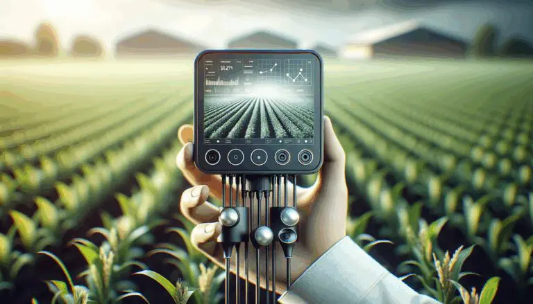 Primer plano de sensores agrícolas modernos en un campo, con fondo tecnológico desenfocado.