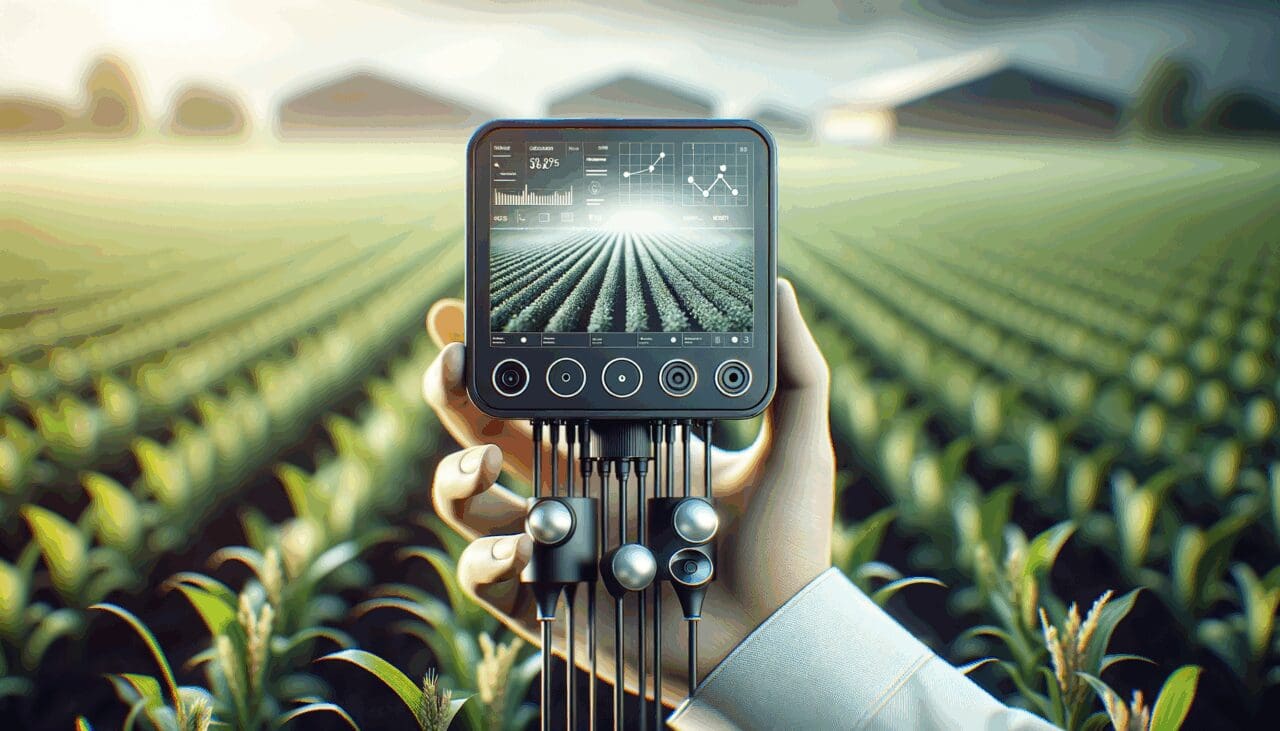 Primer plano de sensores agrícolas modernos en un campo, con fondo tecnológico desenfocado.
