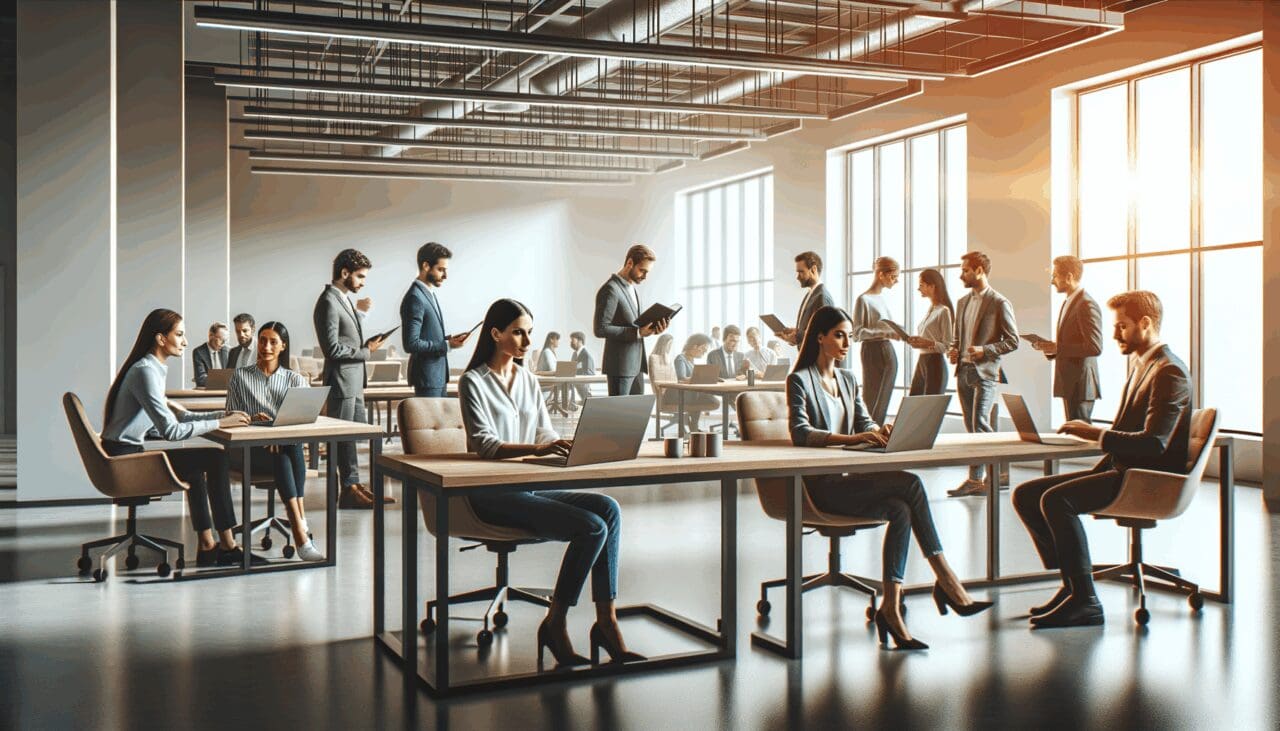 Espacio de coworking moderno donde emprendedores colaboran en laptops, ambiente tecnológico y cálido.