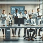 Equipo de científicos trabajando con tecnología avanzada en laboratorio, ambiente moderno y profesional.