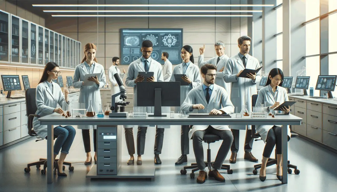 Equipo de científicos trabajando con tecnología avanzada en laboratorio, ambiente moderno y profesional.