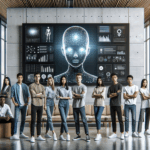 Equipo internacional de jóvenes en sala moderna con pantallas mostrando gráficos de inteligencia artificial y datos tecnológicos.