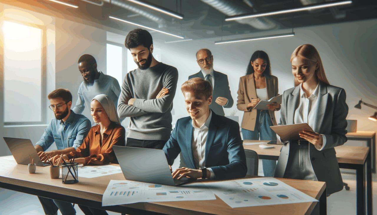 Emprendedores trabajando en un espacio de co-working moderno