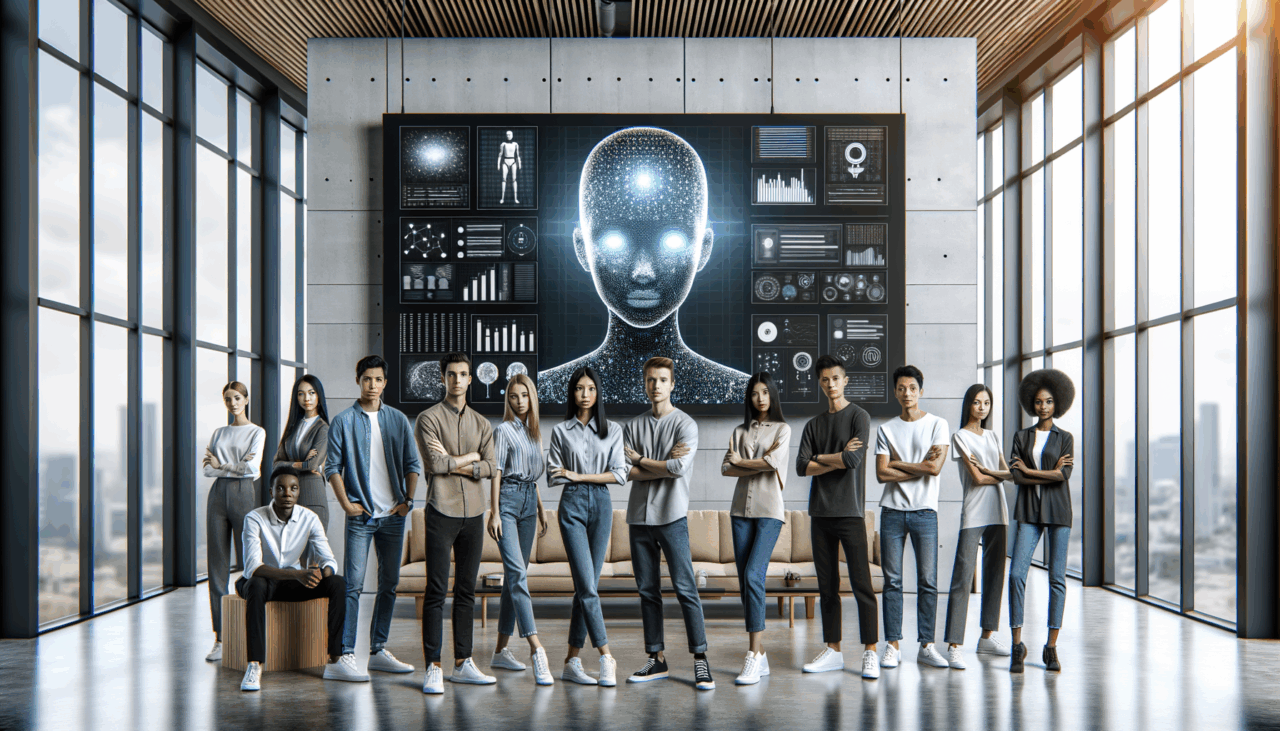 Equipo internacional de jóvenes en sala moderna con pantallas mostrando gráficos de inteligencia artificial y datos tecnológicos.