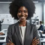 Retrato profesional de una emprendedora sonriente en un espacio tecnológico moderno, rodeada de laptops y pizarras.