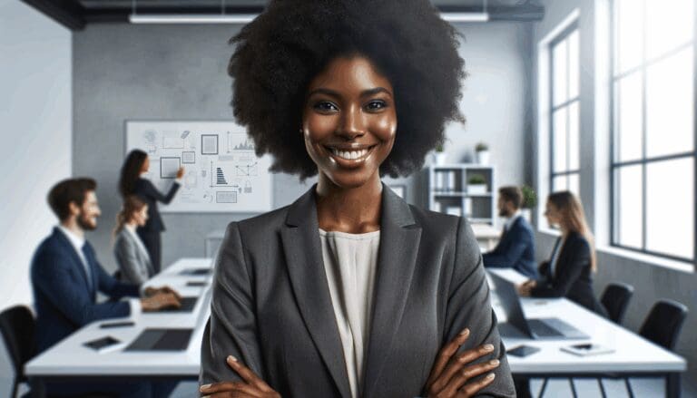 Retrato profesional de una emprendedora sonriente en un espacio tecnológico moderno, rodeada de laptops y pizarras.