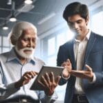 Persona mayor usando una tableta digital en un entorno luminoso y moderno, acompañado de un joven emprendedor explicando tecnología.