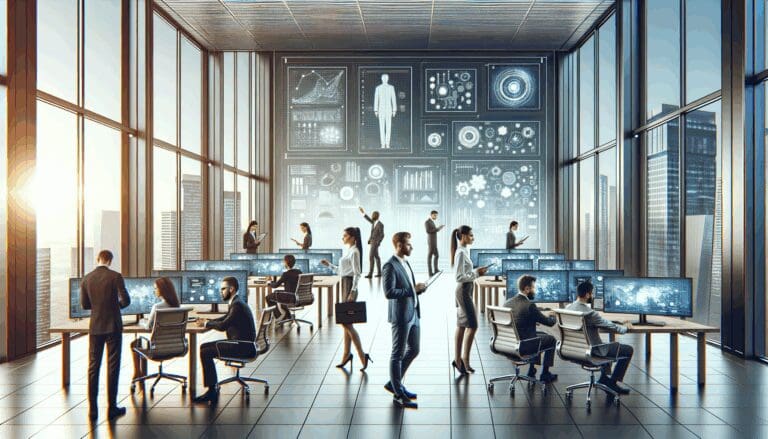 Emprendedores trabajando en una oficina moderna con pantallas y gráficos tecnológicos, ambiente de innovación.