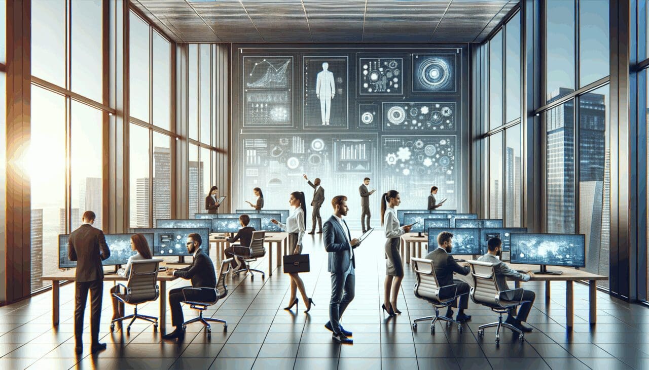 Emprendedores trabajando en una oficina moderna con pantallas y gráficos tecnológicos, ambiente de innovación.
