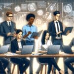 Ilustración de un equipo joven de emprendedores revisando gráficas financieras en laptops en una oficina moderna, con elementos digitales alusivos a criptomonedas.