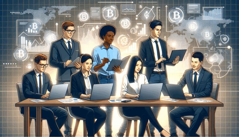 Ilustración de un equipo joven de emprendedores revisando gráficas financieras en laptops en una oficina moderna, con elementos digitales alusivos a criptomonedas.