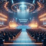 Auditorio moderno iluminado, público diverso y ambiente vibrante durante una gala de innovación tecnológica.