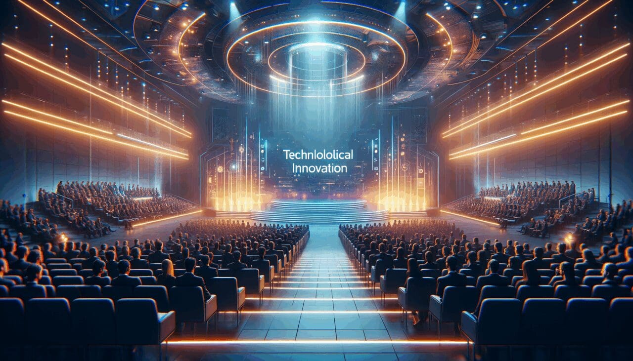 Auditorio moderno iluminado, público diverso y ambiente vibrante durante una gala de innovación tecnológica.