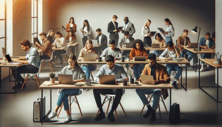 Grupo diverso de jóvenes emprendedores trabajando con computadoras y pantallas digitales en un espacio moderno de coworking.