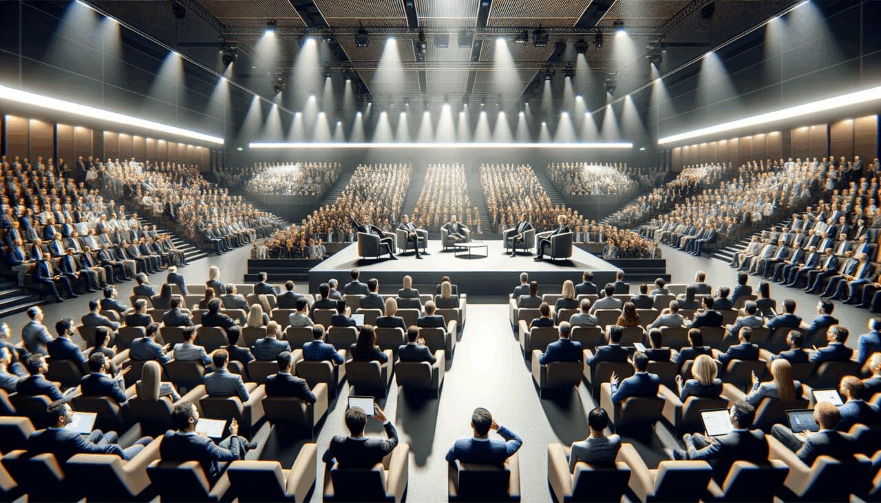 Conferencia con líderes de startups y tecnología en un auditorio moderno