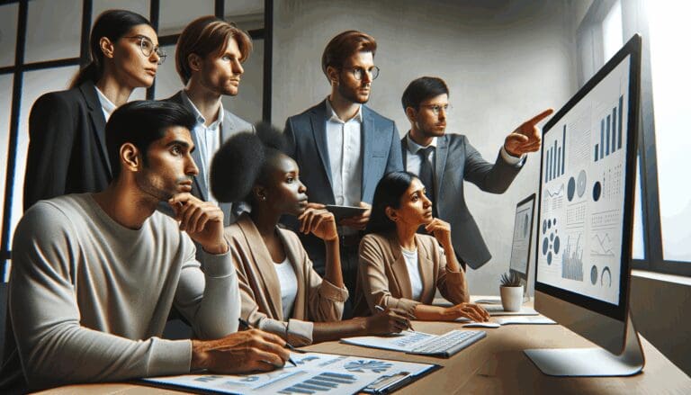 Equipo de trabajo multicultural en una oficina moderna analizando datos en pantallas digitales.