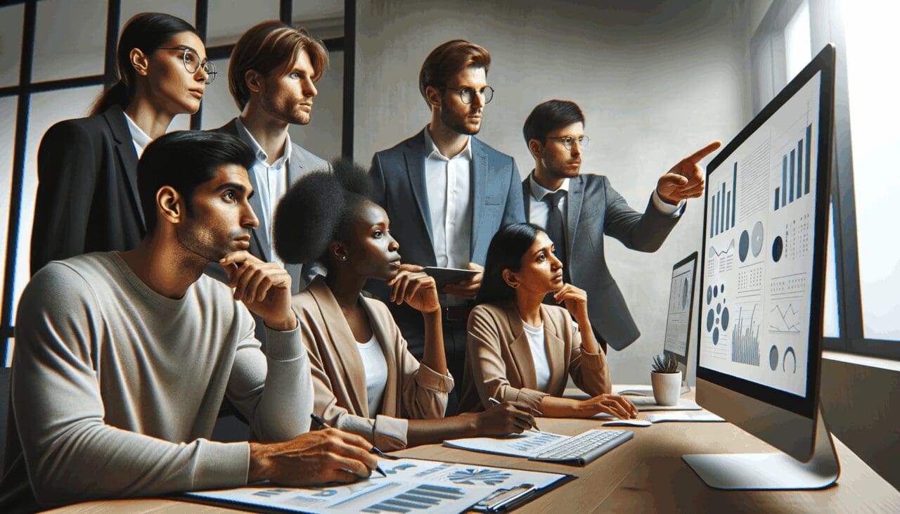 Equipo de trabajo multicultural en una oficina moderna analizando datos en pantallas digitales.