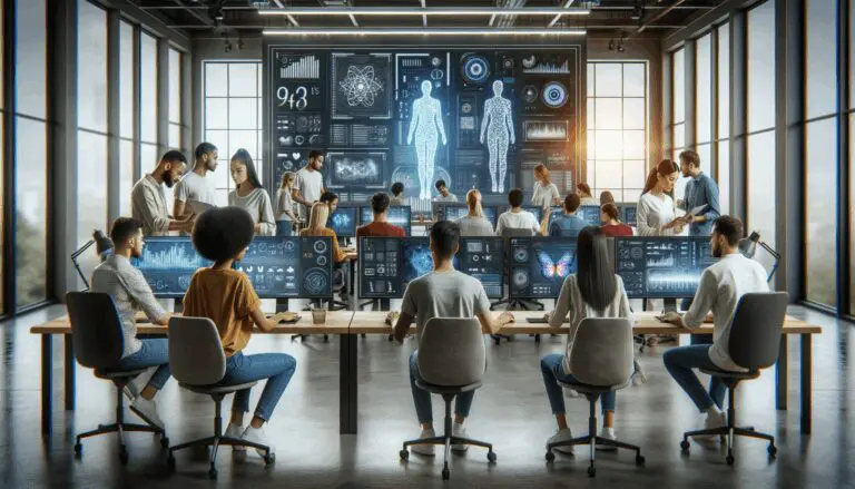 Grupo de diseñadores creativos trabajando frente a varias pantallas con gráficos digitales y una interfaz de inteligencia artificial en un entorno moderno.