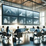 Oficina moderna con equipo colaborando y pantallas mostrando gráficos de crecimiento.