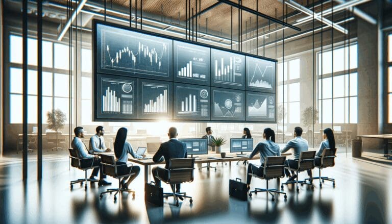 Oficina moderna con equipo colaborando y pantallas mostrando gráficos de crecimiento.
