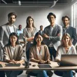 Grupo diverso de emprendedores colaborando en una oficina moderna con tecnología visible.